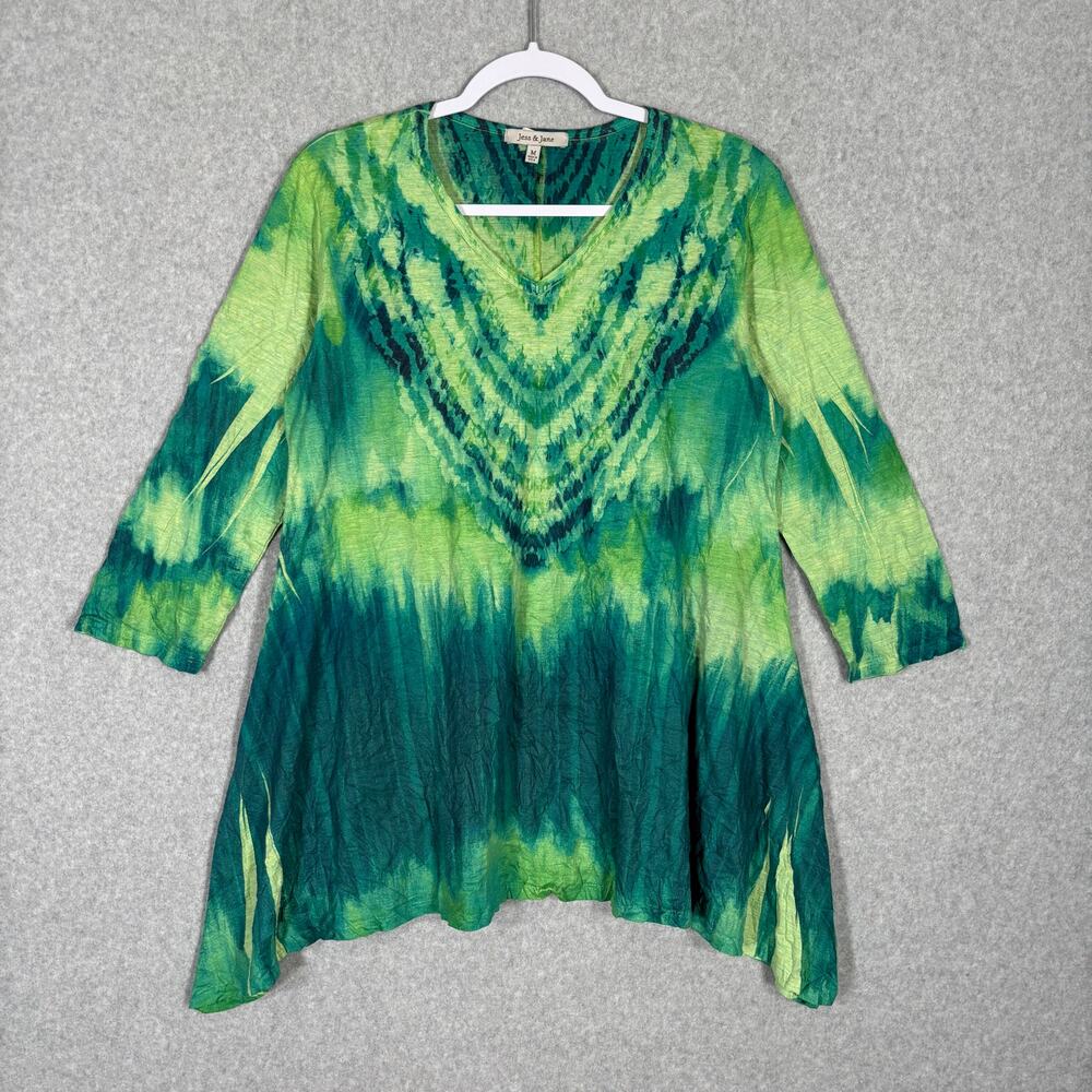 Jess Jane Tunic Top‎ Womens Medium Green Flowy Tie Dye Artsy Boho Lagenlook USA